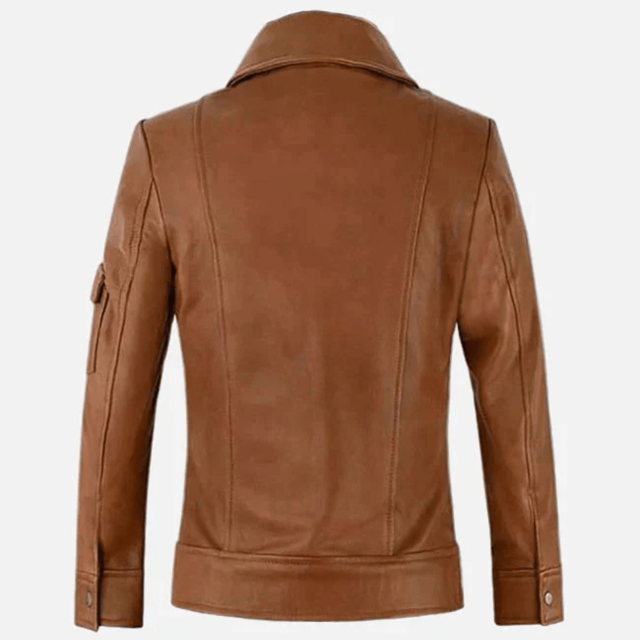 women's tan leather trucker jacket back view classic trucker style