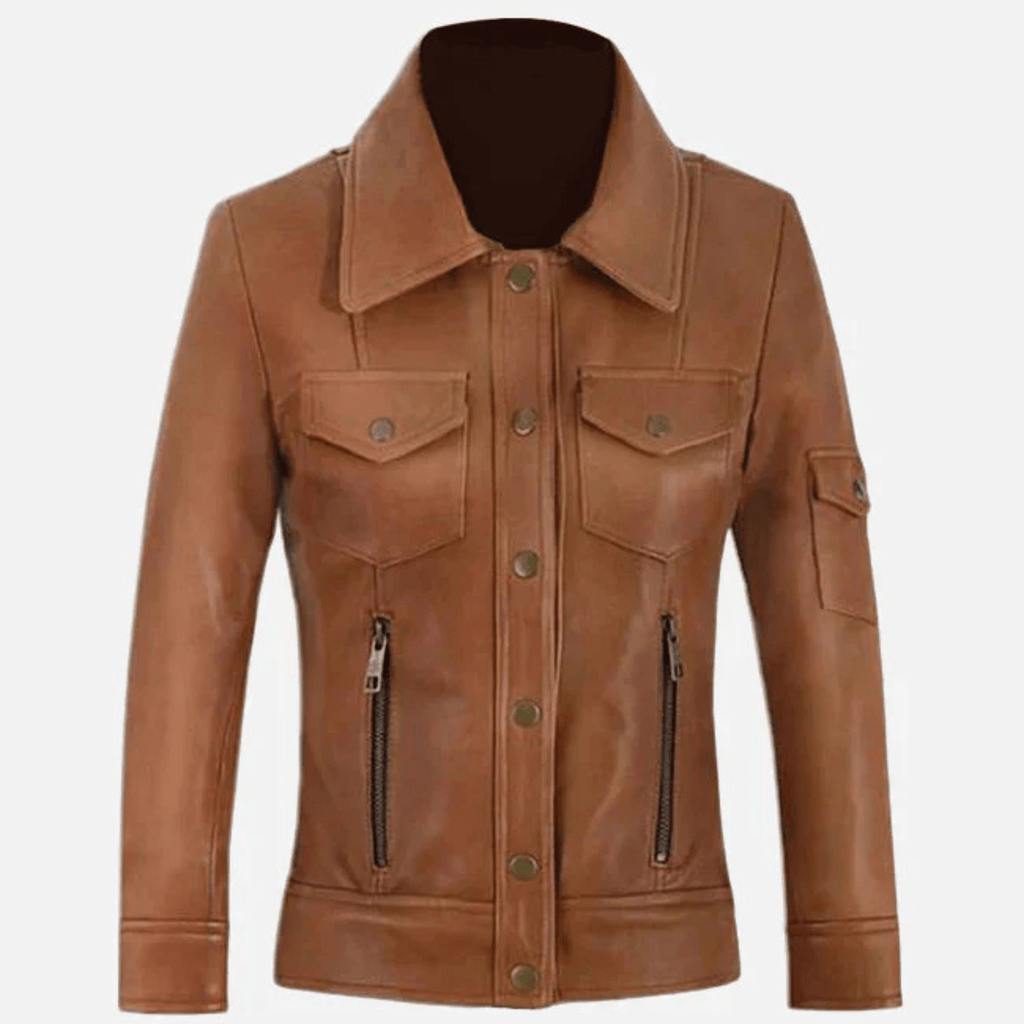 women's tan leather trucker jacket front view genuine sheepskin leather