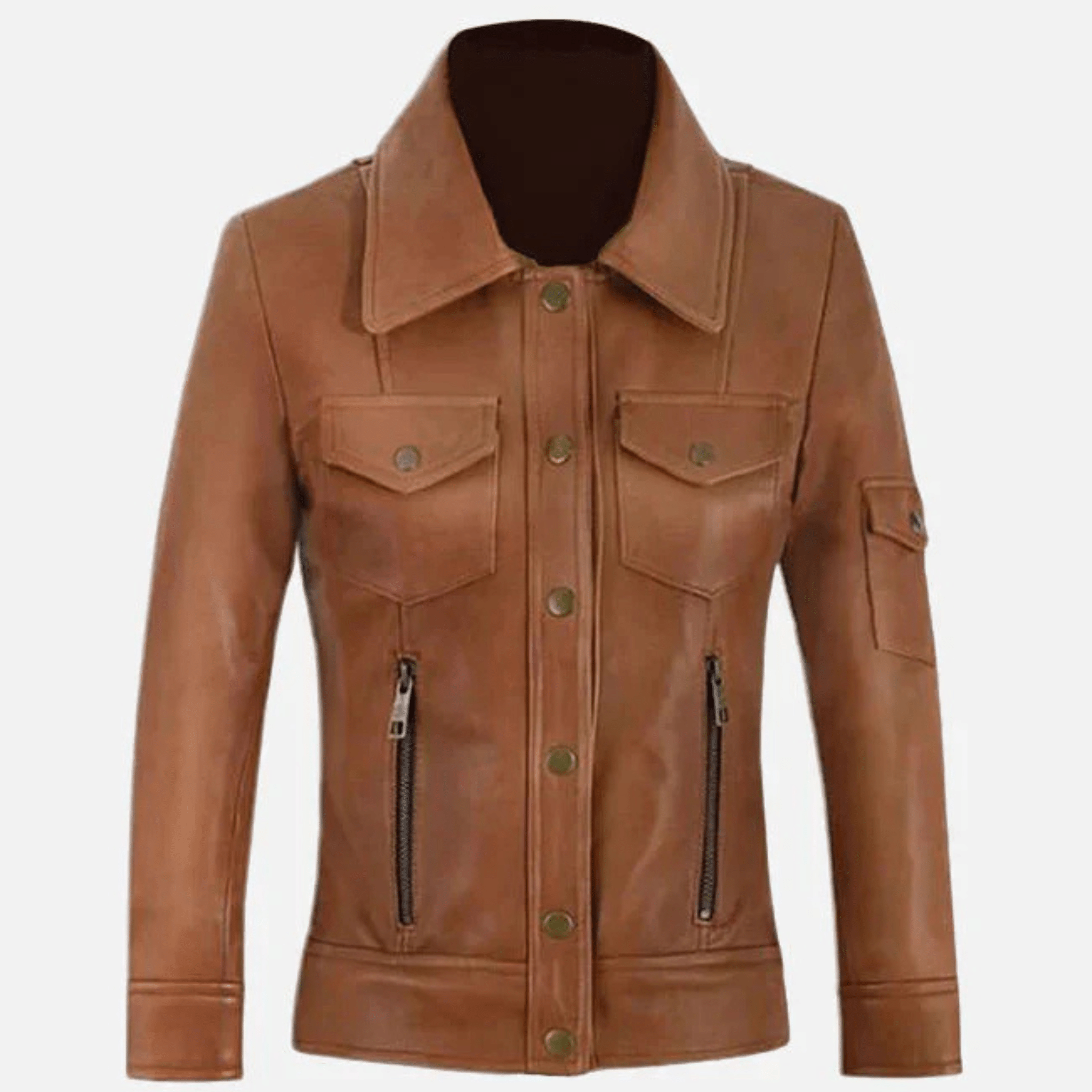 women's tan leather trucker jacket front view genuine sheepskin leather